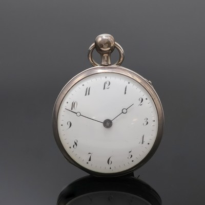 Offene Spindeltaschenuhr mit 1/4 Std.- Repetition in Silber, Schweiz um 1830, guill. Geh. berieben, verg. Cuvette als Sprungdeckel, ...