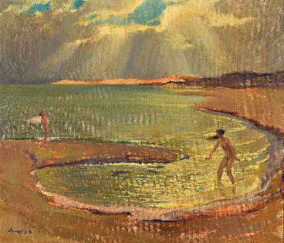 Wilhelm Hempfing, 1886 Schönau - 1948 Karlsruhe, Studium an der Akademie Karlsruhe, hier: zwei Badende, Öl/Lwd, li. u. signiert, ca. 65 x 57 cm, ...