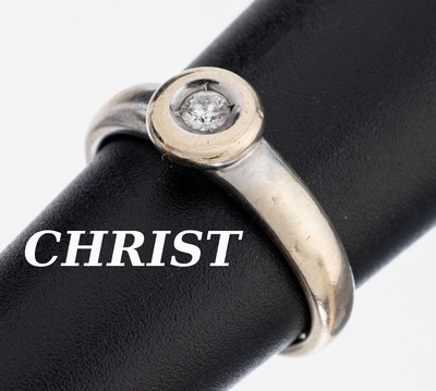 14 kt Gold CHRIST Brillant-Ring, WG 585/000, Brillant in Zargenfassung ca. 0.10 ctWeiß/p (grav.), RW 53, ca. 3.3 g, sign., neue Rhod. empfohlen