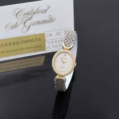 GUEPARD Damenarmbanduhr in GG 585/000 mit Diamanten, Schweiz verk. lt. beil. Garantie 12/1986, quarz, geflochtenes WG 585/000 Band, Lünette sowie ...