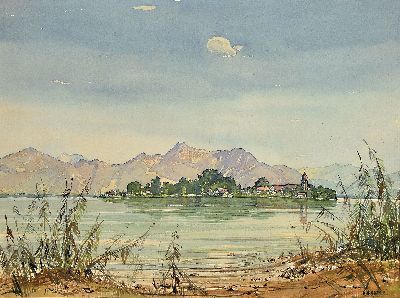 Franz Josef Blaschke, 1916 Bad Salzungen-1984 Sinnersdorf, Aquarell auf Papier, Chiemseelandschaft, Blick auf die Fraueninsel,rechts unten signiert, ...