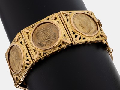 18 kt Gold Medaillen-Armband, GG 750/000 und 333/000, 7 gefasste Goldmedaillen, GG 333/000, L. ca. 20.5 cm, B. ca. 2.7 cm, Verlängerungsglied GG ...