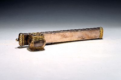 Qalamdan, osmanisch, um 1900, Silber geprüft, teilweise vergoldet, 310g, 26,5cm, Kalligraphie-Set, gelängter Federhalter mit angebrachtem ...