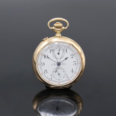 Offene Herrentaschenuhr mit Chronograph- Rattrapante in GG 585/000, Schweiz um 1900, glattes Geh. dell., Drücker f. Rattrapante b. 11, ...