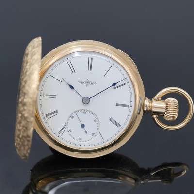 ELGIN Savonette Taschenuhr in GG 585/000, USA um 1890, fein grav. 3-Deckel Goldgeh., 2- tlg. Emailzifferbl., feine gebl. Zeiger, kl. Sek. b. 6, verg. ...