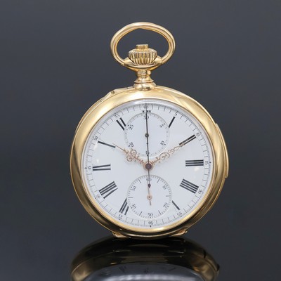 Schwere offene Herrentaschenuhr mit 1/4 Stunden-Repetition und Chronograph in GG 750/000, Schweiz/Frankreich um 1895, glattes 2-Deckel Goldgeh. m. ...