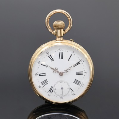 Offene Herrentaschenuhr in GG 585/000, Schweiz um 1880, guill. Geh. berieb., Signatur auf verg. Cuvette, Emailzifferbl. m. röm. Zahlen, kl. Sek. b. ...