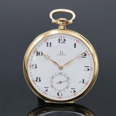 OMEGA Herrentaschenuhr in RoseG 585/000, Schweiz um 1928, Strahlen-guill. Geh., Goldcuvette m. Medaillengrav., Emailzifferbl. riss., arab. Zahlen, ...