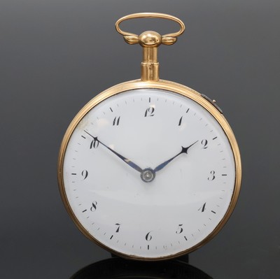 Spindeltaschenuhr mit 1/4 Stunden-Repetition als Carillon in RG 750/000, Schweiz um 1820, Schlüsselaufzug, guill. Geh. m. geripptem Rand, ...