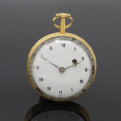 Email-Spindeltaschenuhr, Schweiz um 1790, verg. Geh., rücks. transluzid blau emailliert m. gold./blauen floralen Einlagen besch./rep., Lünette m. ...