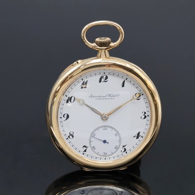 IWC Herrentaschenuhr in GG 585/000, Schweiz um 1919, guill. 2-Deckel Goldgeh. dell./ berieb., Cuvette sign., 2-tlg. Emailzifferbl. besch., ...