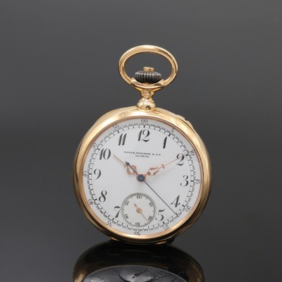 PATEK PHILIPPE & CO Herrentaschenuhr mit Chronograph in RG 750/000, Schweiz um 1898, glattes Geh. m. à-Goutte Schlüssen, Rückdeckel u. Cuvette m. ...