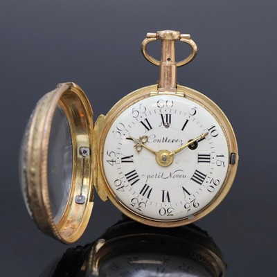 COUTTEREZ PETIT NEVEU Email-Spindeltaschenuhr mit 1/4-Stunden-Repetition, Frankreich um 1770, verg. Geh. m. großem Außenscharnier, rücks. ...