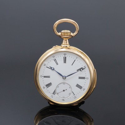 Herrentaschenuhr mit Minutenrepetition in RG 750/000, Schweiz/Frankreich um 1900, glattes 2-Deckel Goldgeh. m. à-Goutte Schlüssen, 5- tlg. ...