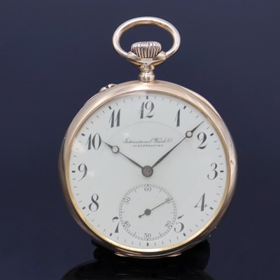 IWC Herrentaschenuhr in GG 585/000, Schweiz um 1918, guill. Geh. dell., Metallcuvette, sign. Emailzifferbl. m. Breguetzahlen, kl. Sek. b. 6, gebl. ...