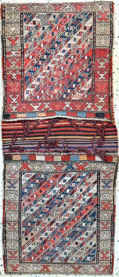 Moghan Doppeltasche antik, Kaukasus, 19.Jhd, Wolle auf Wolle, ca. 130 x 55 cm, EHZ:2