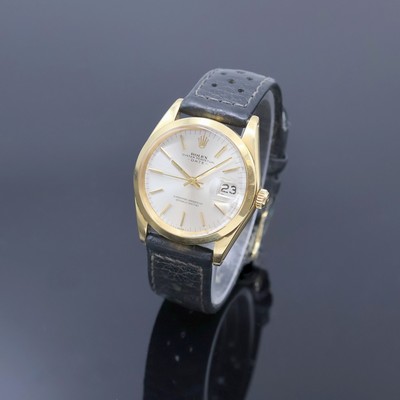 ROLEX Oyster Perpetual Date Herrenarmbanduhr in GG 750/000 Referenz 1503, Schweiz um 1965, Automatik, Chronometer der Superlative, Boden u. Krone ...