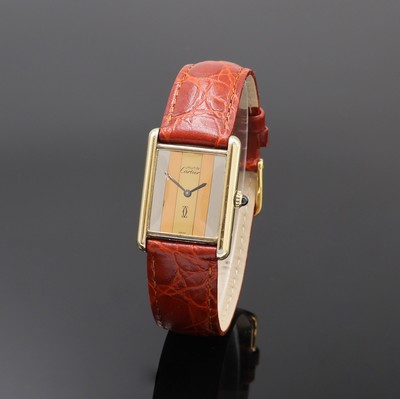 CARTIER Tank Vermeil Damenarmbanduhr, Schweiz um 1980, Handaufzug, 2-tlg. Geh. berieben, seitl. 4-fach verschr., Krone m. Schmuckstein bes., pol., ...