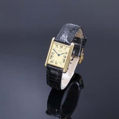 CARTIER Armbanduhr Tank Vermeil Referenz 590005, Schweiz um 1990, quarz, 2-teil., verg. Silbergeh. inkl. Lederband m. verg. orig. Dornschl., Boden ...