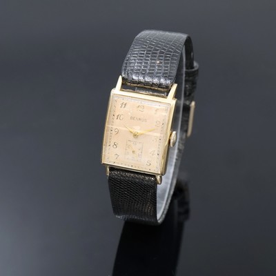 BENRUS rechteckige Armbanduhr in RG 585/000, USA/Schweiz um 1940, Handaufzug, 2-tlg. Geh., Boden aufgedr., silb. Zifferbl. altersbed. fl./pat., ...
