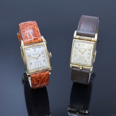 BULOVA 2 vergoldete Armbanduhren, USA um 1950, beide Handaufzug, silb. Zifferbl. altersbed. pat./fl., 1.) Klappgeh., Formankerw., 17 St., Kal. 8AC, ...