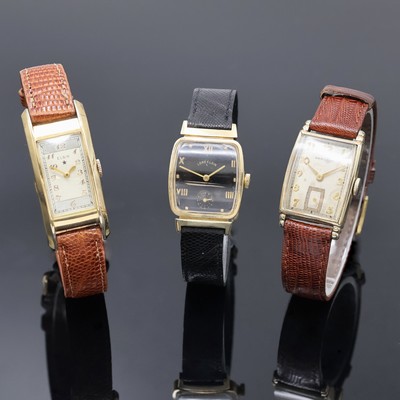 3 rechteckige Armbanduhren, USA um 1940/50, 2 x Elgin, davon 1 x 2-teil. GG 585/000 Geh., Boden aufgedr., schwarzes Zifferbl. bez. Lord Elgin rest., ...