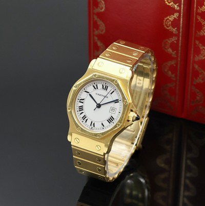 CARTIER Santos Octagon Armbanduhr in GG 750/000, Automatik, massives Goldgeh. inkl. Gliederband m. Faltschl., oktagonale Lünette gegen Geh. 8-fach ...