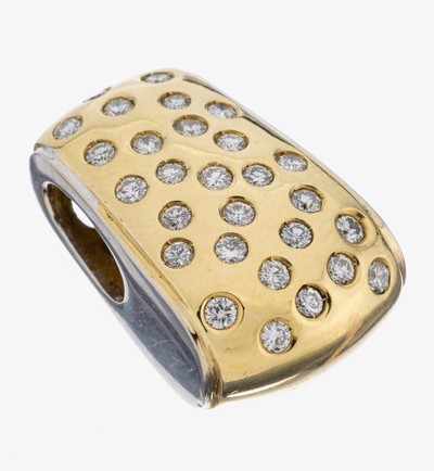 18 kt Gold Brillant-Anhänger, GG/WG 750/000, 28 Brillanten zus. ca. 0.90 ct Weiß/si, 1 Stein min. besch., seitl. WG, rs. floral durchbrochen, ca. ...