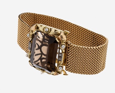 14 kt Gold Rauchquarz-Perl-Diamant-Armband, 1950er-60er Jahre, GG/RG/WG 585/000, gr. Rauchquarz im Treppenschliff ca. 62.0 ct, Stein min. besch., ...