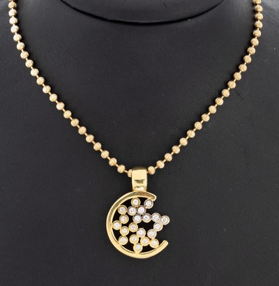 18 kt Gold Brillant-Anhänger, GG/WG 750/000, ungewöhnliche Gestaltung, in GG und WG gefasste 20 Brillanten zus. ca. 0.58 ct Weiß/si, an 14 kt ...