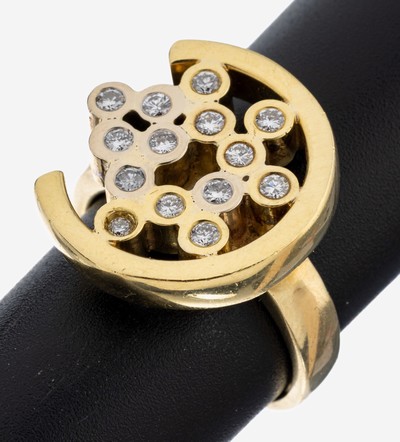 18 kt Gold Brillant-Ring, GG/WG 750/000, aussergewöhnlicher Ringkopf, 14 Brillanten zus. ca. 0.40 ct Weiß/si, RW 59, ca. 16.9 g