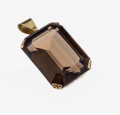 14 kt Gold Rauchquarz Anhänger, 1950er Jahre, GG 585/000, facett. Quarz ca. 23 ct, Krappenfassungen, mit Unterkaderung, ca. 10.5 g