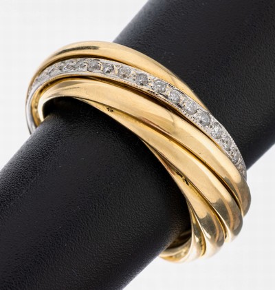 Ausgefallener 18 kt Gold Brillant-Ring, GG/WG 750/000, 5 ineinander verschlungene Ringe, 20 in WG gefasste Brillanten zus. ca. 0.10 ct Weiß/p1, RW ...