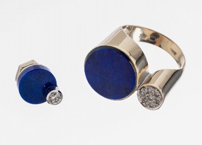 18 kt Gold Lapislazuli-Diamant-Ring, WG 750/000, runde Lapislazuli-Scheibe, 7 8/8- Diamanten zus. ca. 0.07 ct Weiß/si, RW 51, dazu Stickpin, bes. ...