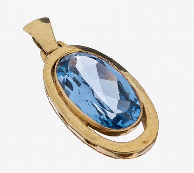 14 kt Gold Blautopas Anhänger, GG 585/000, ovalfacett. Blautopas (beh.) ca. 16.0 ct, im glatten Rahmen mit Unterkaderung, ca. 15.2 g