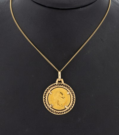 18 kt Gold Münz-Anhänger, GG 750/000, lose gefasste Goldmünze, 1 Dukat, Österreich- Ungarn, Franz Joseph I., offizielle Nachprägung, schlichte ...