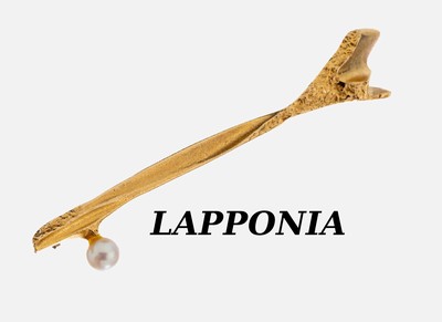 14 kt Gold LAPPONIA Perl-Brosche, Finnland, 1979, GG 585/000, abstraktes Design, L. ca.5.2 cm, kl. Akoyazuchtperle, D. ca. 4.2 mm, ca. 4.5 g