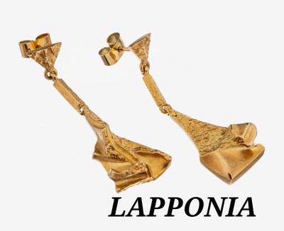Paar 14 kt Gold LAPPONIA Ohrstecker, Finnland,1991, GG 585/000, typ. abstraktes Design, länglich bewegl., L. ca. 3.9 cm, ca. 8.2 g