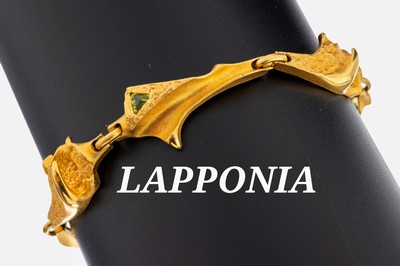 14 kt Gold LAPPONIA Peridot-Armband, Finnland,1976, GG 585/000, typ. abstraktes Design, 3kl. facett. Peridot-Triangeln, L. ca. 19 cm, Kastenschloss ...