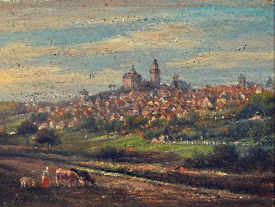 Julius Dielmann, 1862-1931 Frankfurt/Main, Ansicht von Kronberg im Taunus mit der Burg Kronberg, im Vordergrund Magd mit Tieren, Öl/Pappe, li. unten ...