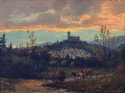 Julius Dielmann, 1862-1931 Frankfurt/Main, Ansicht von Königstein im Taunus mit Blick aufdie Burg, im Vordergrund Ochsenfuhrwerk, Öl/Pappe, li. ...