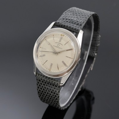 ETERNA-MATIC Armbandchronometer in Stahl, Schweiz um 1965, Automatik, Boden verschr., neutr. Lederband m. Eterna Stiftschl., silb. Zifferbl. m. ...