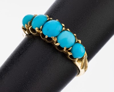 18 kt Gold Türkis-Ring, GG 750/000 gepr., zarte Verarbeitung, 5 Türkis-Cabochons in versch. Größen, RW 50, ca. 2.4 g