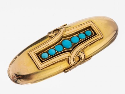 14 kt Gold Türkis-Brosche, um 1900-10, GG 585/000 gepr., nachträglich feinvergoldet, Vergoldung part. berieben, hohl gearbeitet, ovale Grundform, ...