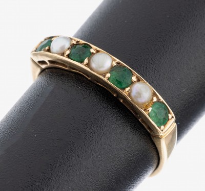 14 kt Gold Perl-Smaragd-Ring, GG 585/000, 3kl. Zuchtperlen, 4 kl. rundfacett. Smaragde, RW 51, ca. 1.4 g