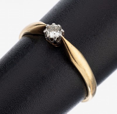 14 kt Gold Brillant-Ring, GG/WG 585/000, inWG gefasster Brillant ca. 0.10 ct l.get.Weiß/si, RW 54, ca. 1.7 g, Reinigung empfohlen