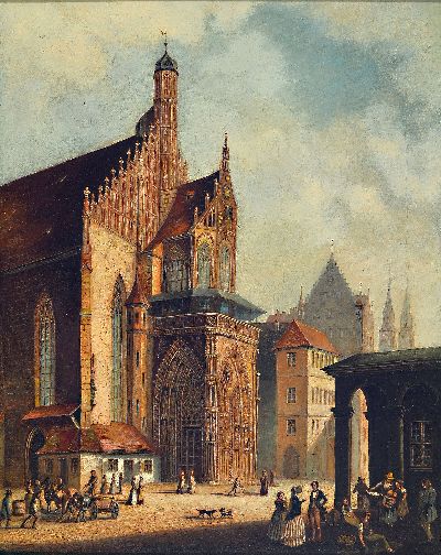 Ferdinand Bernhard Hoeppe, 1841 Cleve-1922 Amsterdam, Architekturbild, Blick auf die Frauenkirche in Nürnberg, der Platz davor mit Menschen belebt, ...