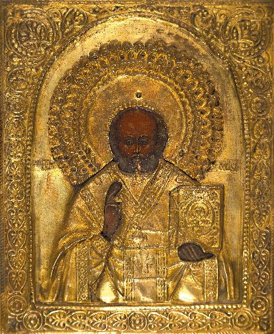 Kleine Ikone, Russland, Ende 19. Jh., Hl. Nikolaus, Tempera auf Holz, geprägtes Messingoklad, ca. 18.5x11cm