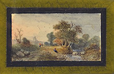 Zuschreibung: Jan Cools, geb. 1666 Antwerpen, kleine, sehr feine, Miniaturmalerei einer Landschaft mit Bachlauf und Personen, im Hintergrund eine ...
