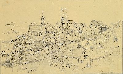 Carl von Häberlin, 1832-1911, Ansicht aus Rechtenstein (Alb-Donau-Kreis), Bleistiftzeichnung auf Papier, aus dem Nachlaßdes Künstlers, ca. ...